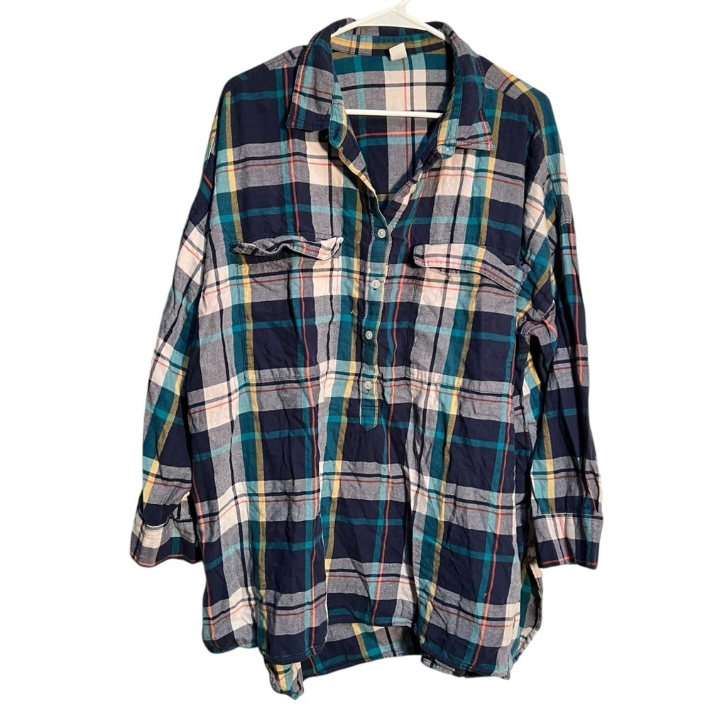 Old Navy Women's Plus Size 3X Boyfriend Popover Blouse Navy Blue Yellow Plaid